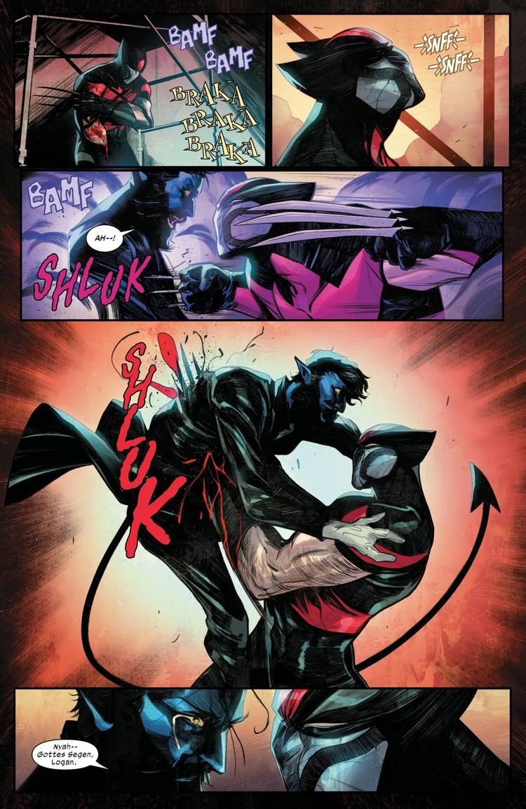 Ultimate Wolverine stabbing Nightcrawler with his claws, killing him.