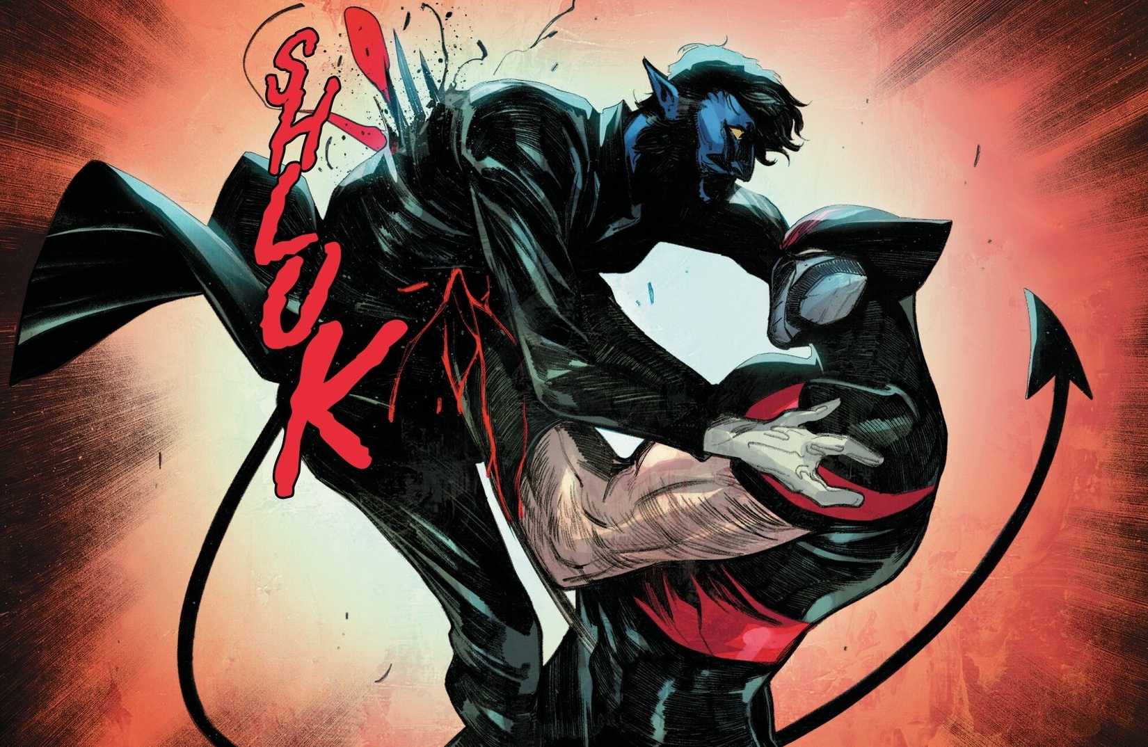 Ultimate Wolverine stabs Nightcrawler through the stomach.