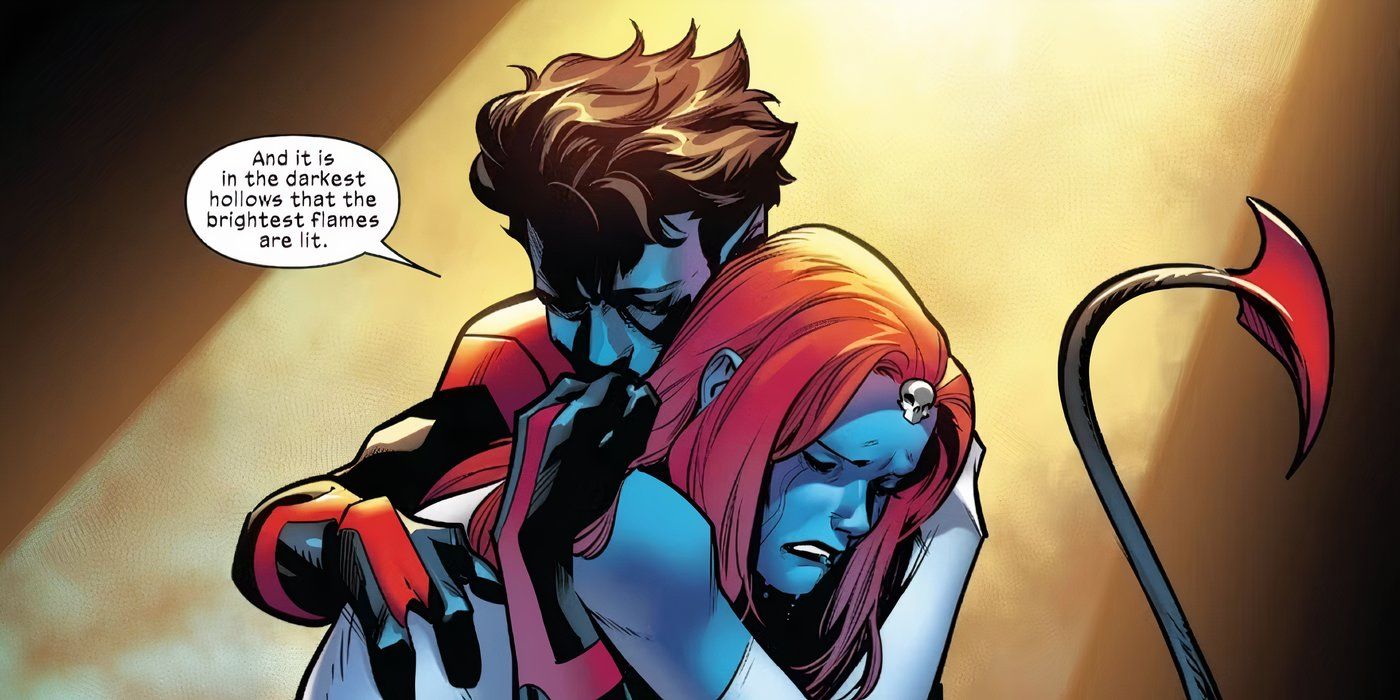 X-Men's Nightcrawler and Mystique hugging each other.