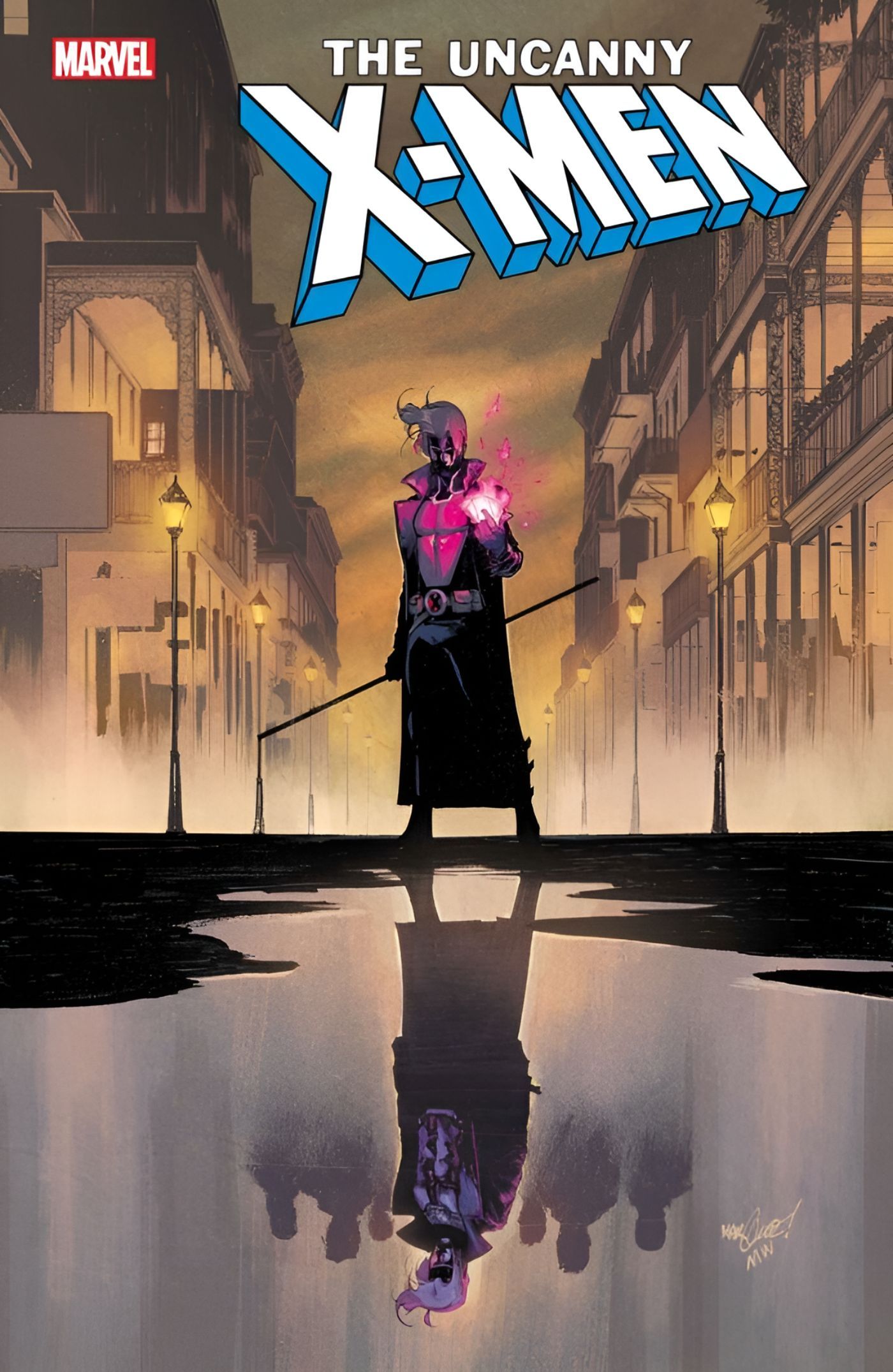 Gambit is on a New Orleans street, looking at a puddle.