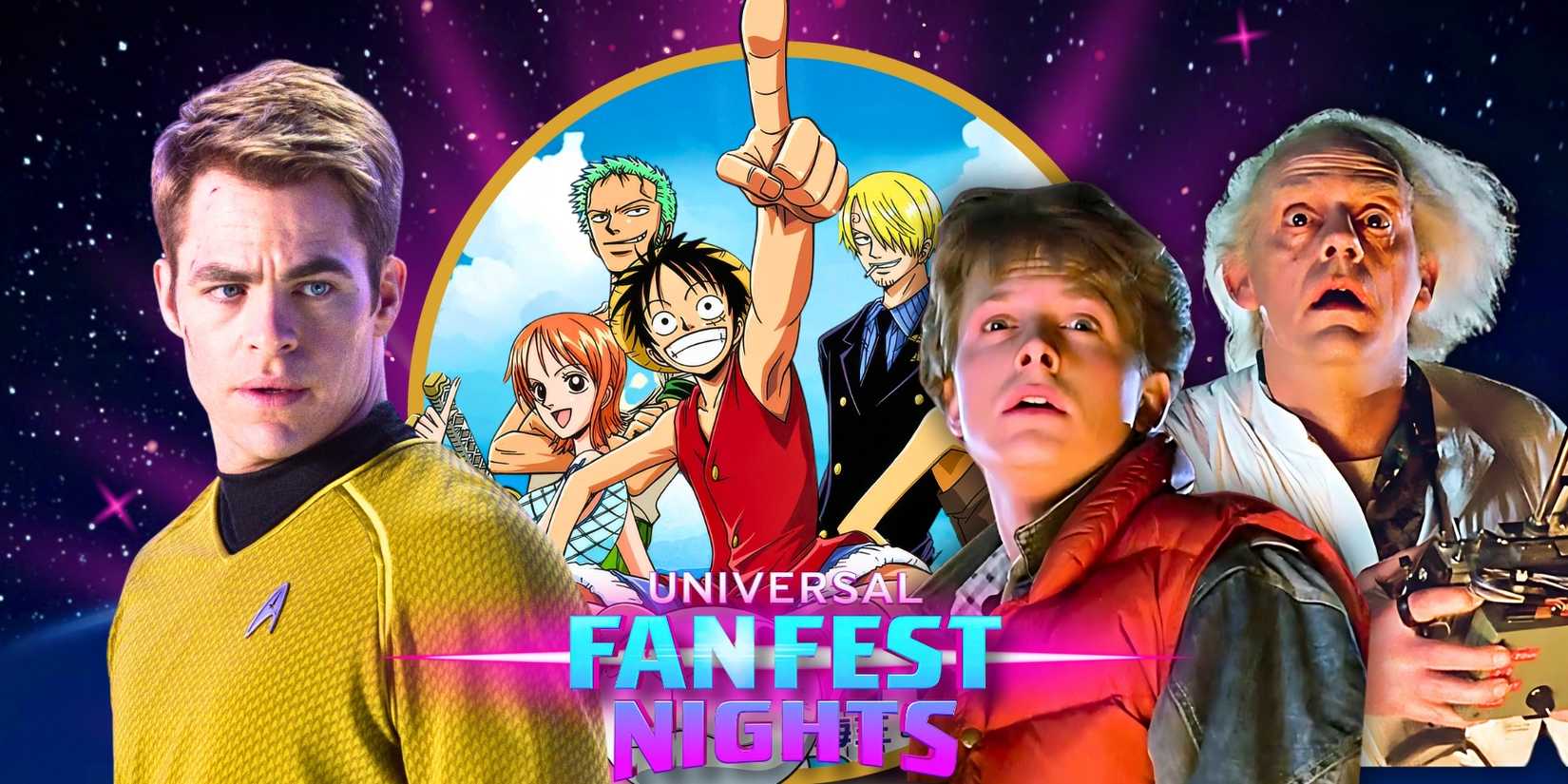 Universal Fan Fest Nights logo with Kirk from Star Trek, One Piece anime, and Back to the Future characters
