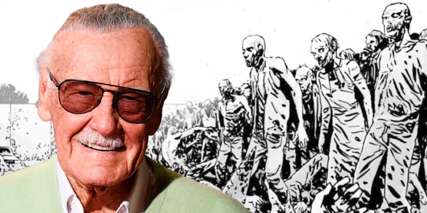 Stan Lee (foreground, color) with zombies from The Walking Dead in the background. 