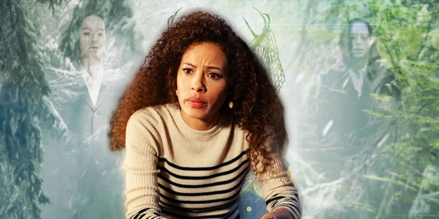 A cutout of Taissa Turner (Tawny Cypress) in Yellowjackets against a light background of the Man With No Eyes.