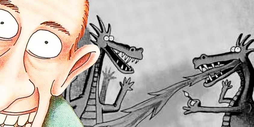 The Far Side grinning man (left, color, foreground) in front of dragons laughing and spitting fire.