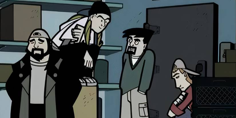 Silent Bob, Randal, Jay, and Dante sitting in the freezer in Clerks: The Animated Series.
