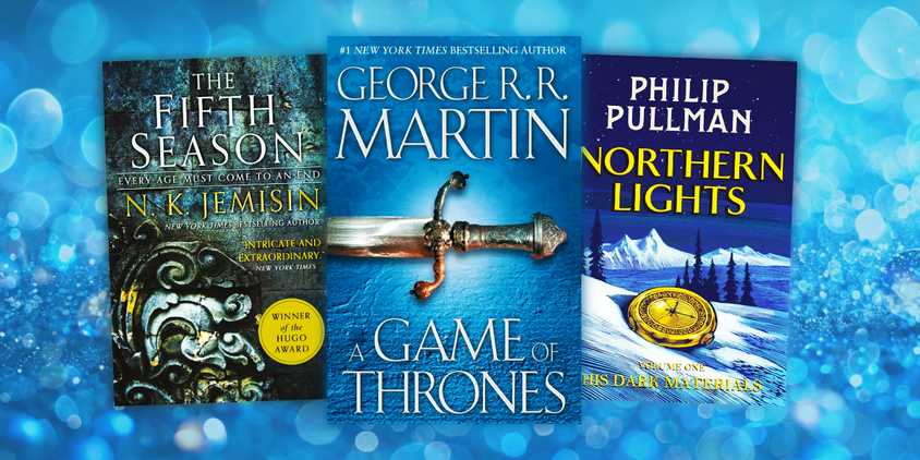 Book covers of The Fifth Season by N.K. Jemisin (The Broken Earth #1), A Game of Thrones by George R. R. Martin (A Song of Ice & Fire #1), & Northern Lights by Phillip Pullman (His Dark Materials #1) against a blue sparkly background.