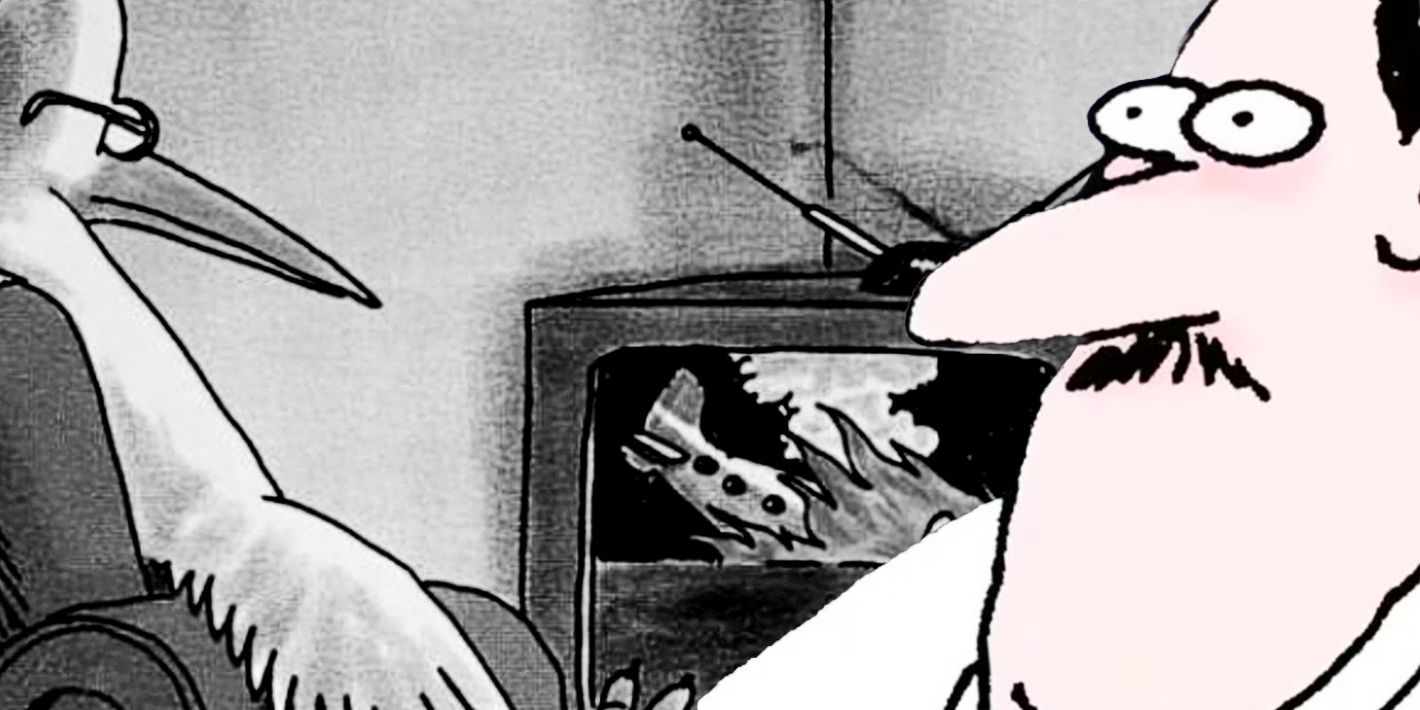 Far Side, skeptical man (foreground) bird watching a plane crash on TV (background.)