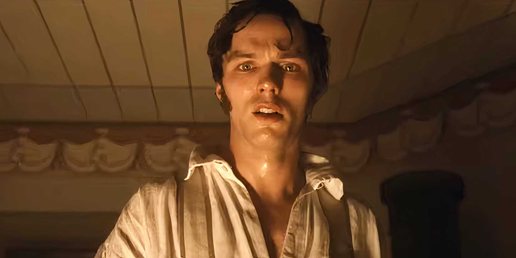 Nicholas Hoult as Thomas Hutter looking sweaty and disheveled in Nosferatu.