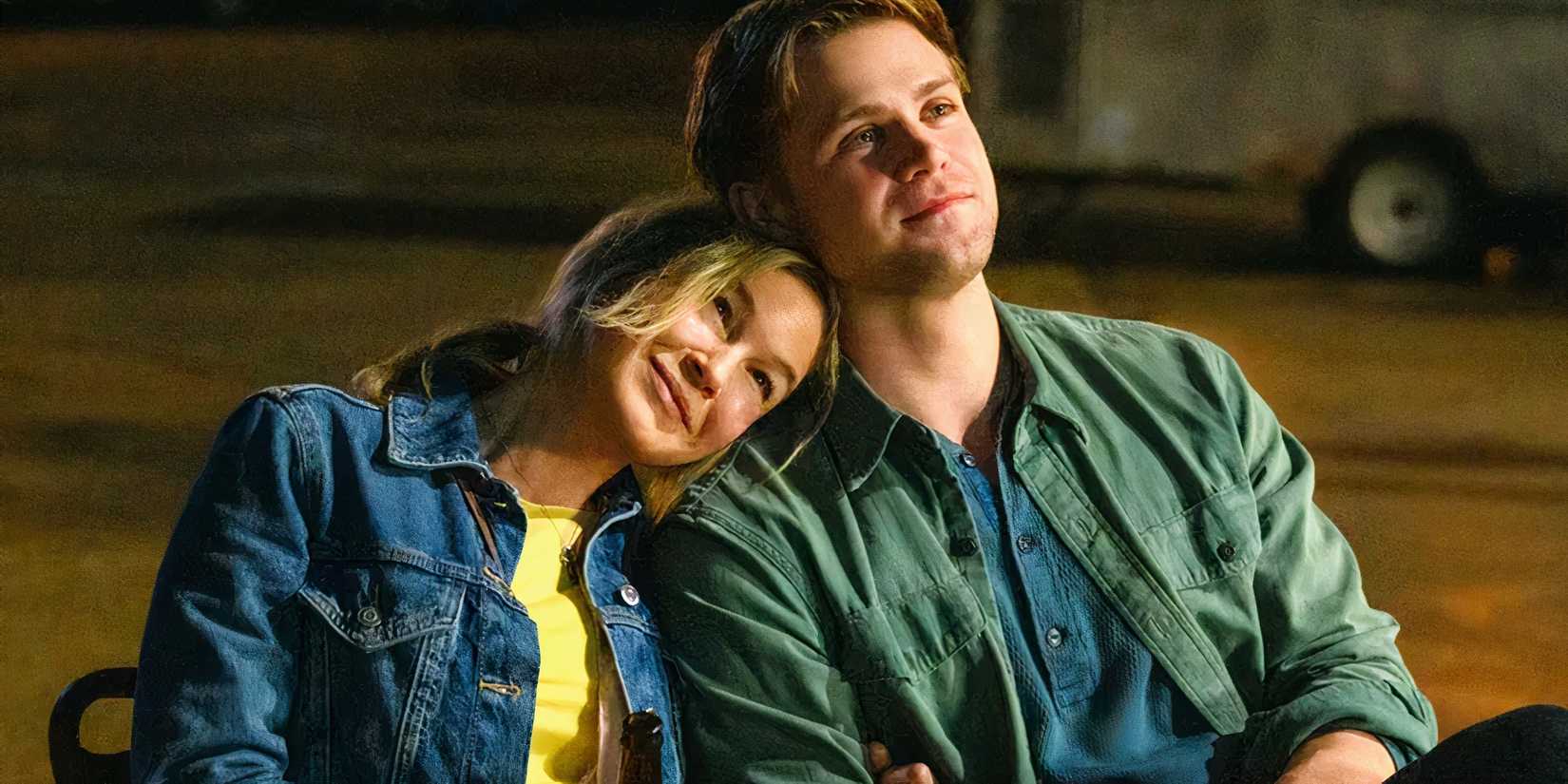 Renée Zellweger leaning on the shoulder of Leo Woodall in Bridget Jones: Mad About the Boy
