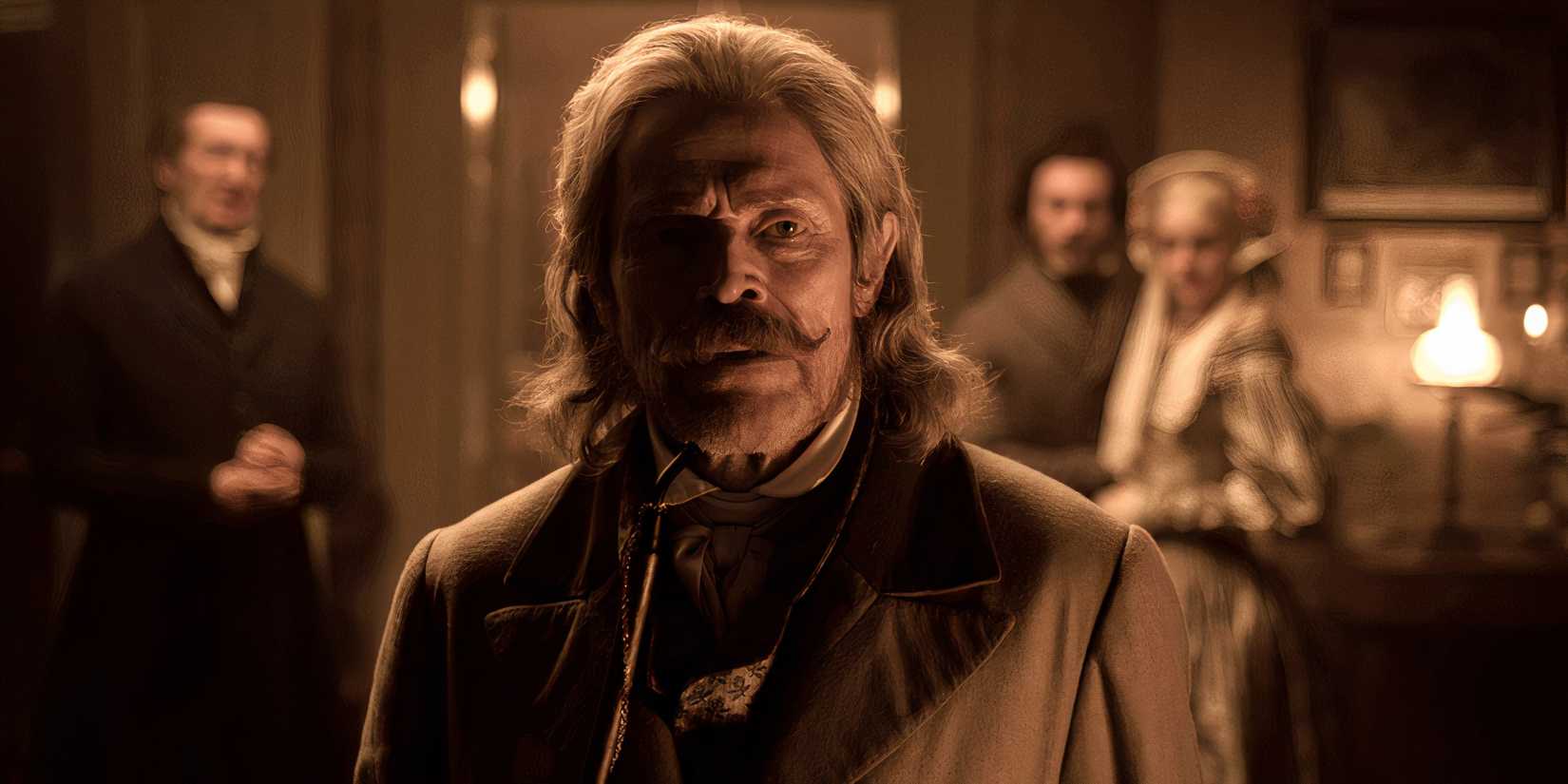 Willem Dafoe looking scared in Nosferatu 2024