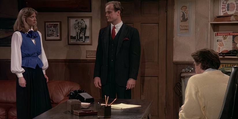 Diane, Frasier, and Sam talking in the bar's office in the Cheers episode "The Triangle."