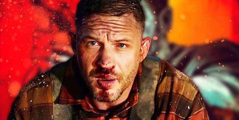A photo of Tom Hardy in Netflix's Havoc against a blurred poster of Havoc with orange sparkles.