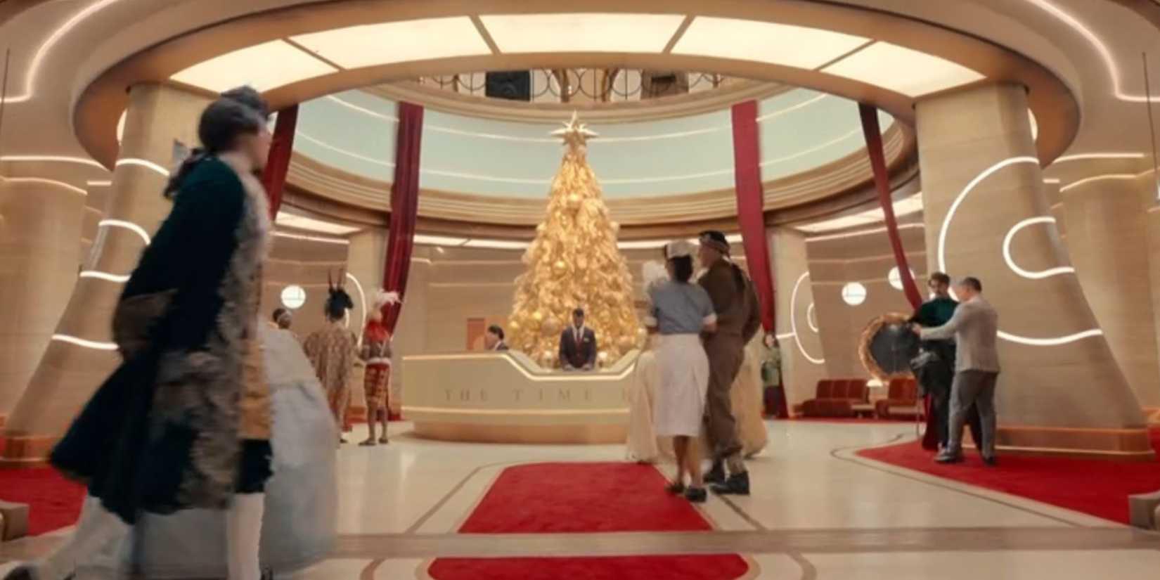 Guests lingering in the lobby of the Time Hotel in the Doctor Who episode "Joy to the World."