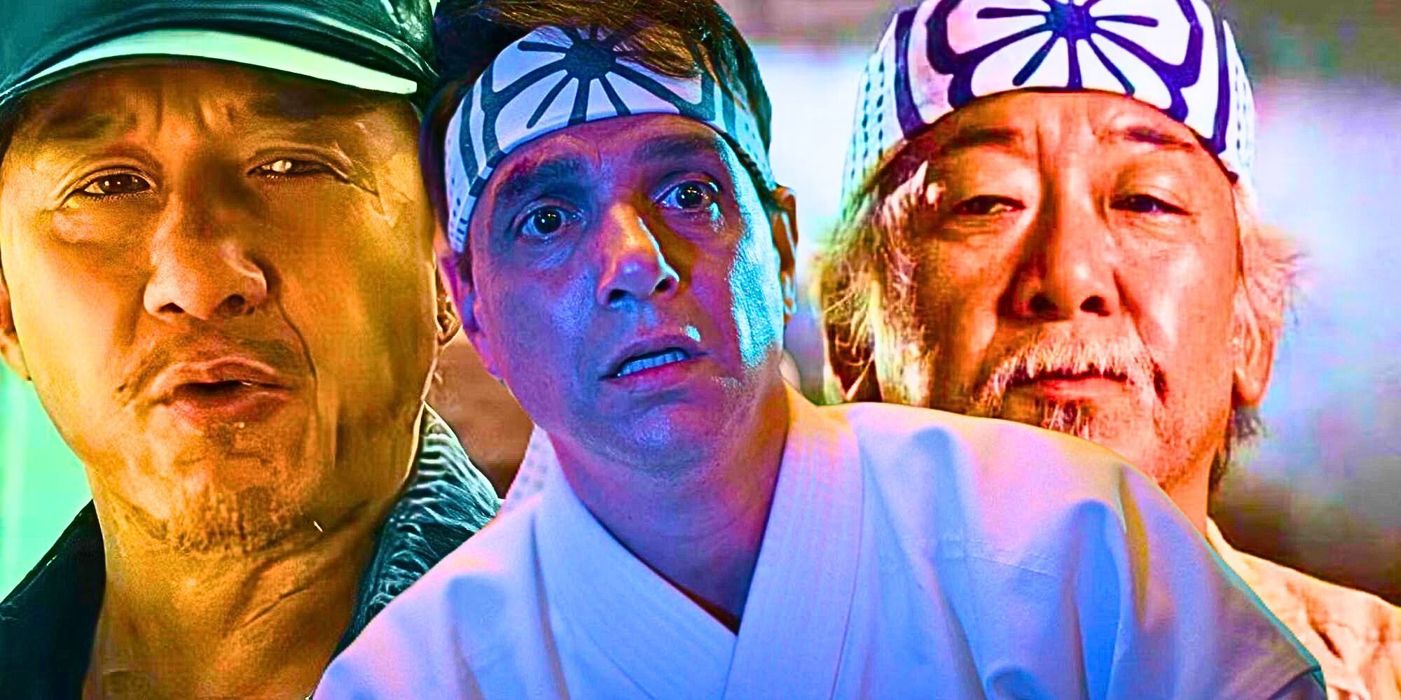 Custom Karate Kid franchise image of Jackie Chan as Mr. Han, Daniel LaRusso as Ralph Macchio, and Pat Morita as Mr. Miyagi