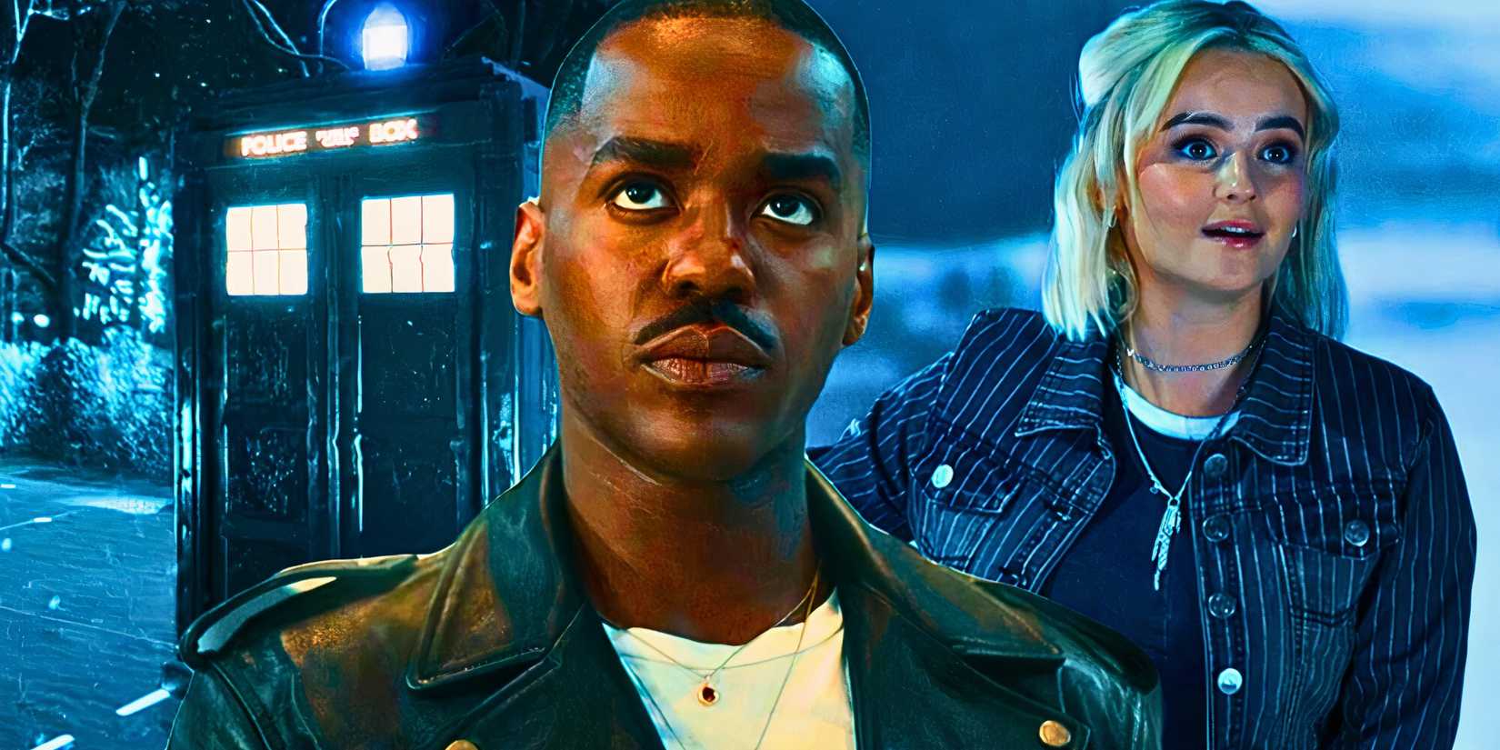 Custom Doctor Who image of Ncuti Gatwa looking stern as the Doctor against a backdrop of Millie Gibson as Ruby Sunday and the TARDIS