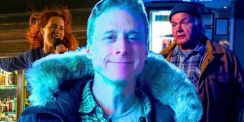 Custom Resident Alien image of Alan Tudyk as Harry Vanderspeigle against a backdrop of Alice Wetterlund as D'arcy Bloom and Gary Farmer as Dan Twelvetrees