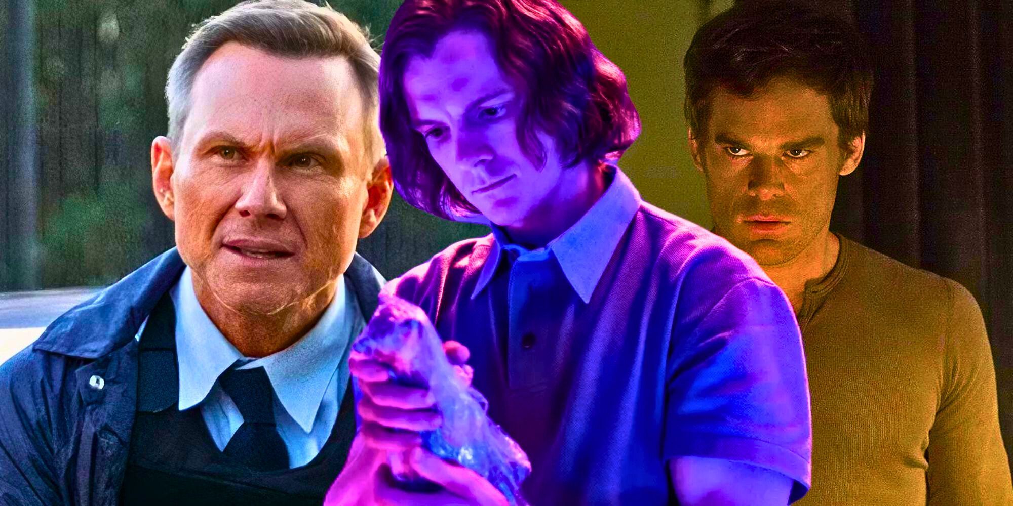 Custom Dexter: Original Sin image of Christian Slater as Harry Morgan, Patrick Gibson as Young Dexter, and Michael C. Hall as Dexter Morgan