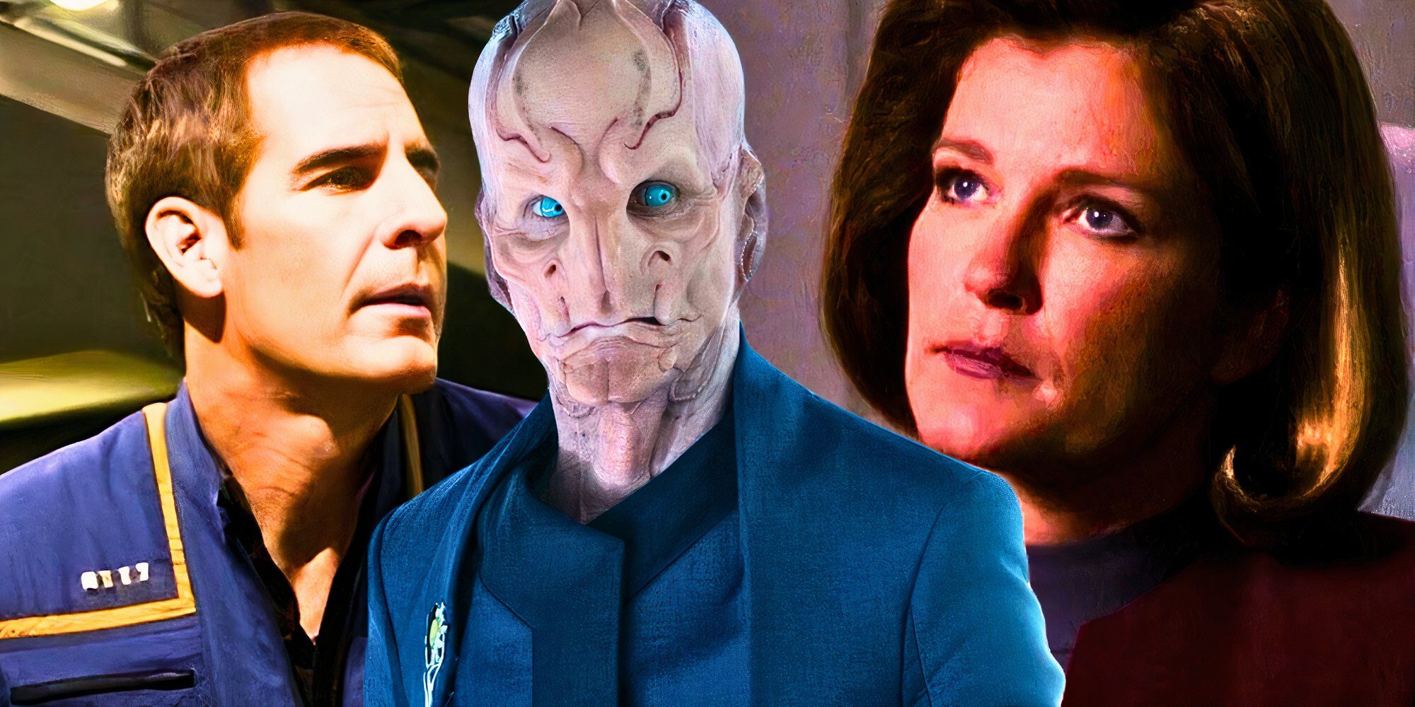 Custom Star Trek image of Scott Bakula as Captain Archer, Doug Jones as Saru, and Kate Mulgrew as Captain Janeway