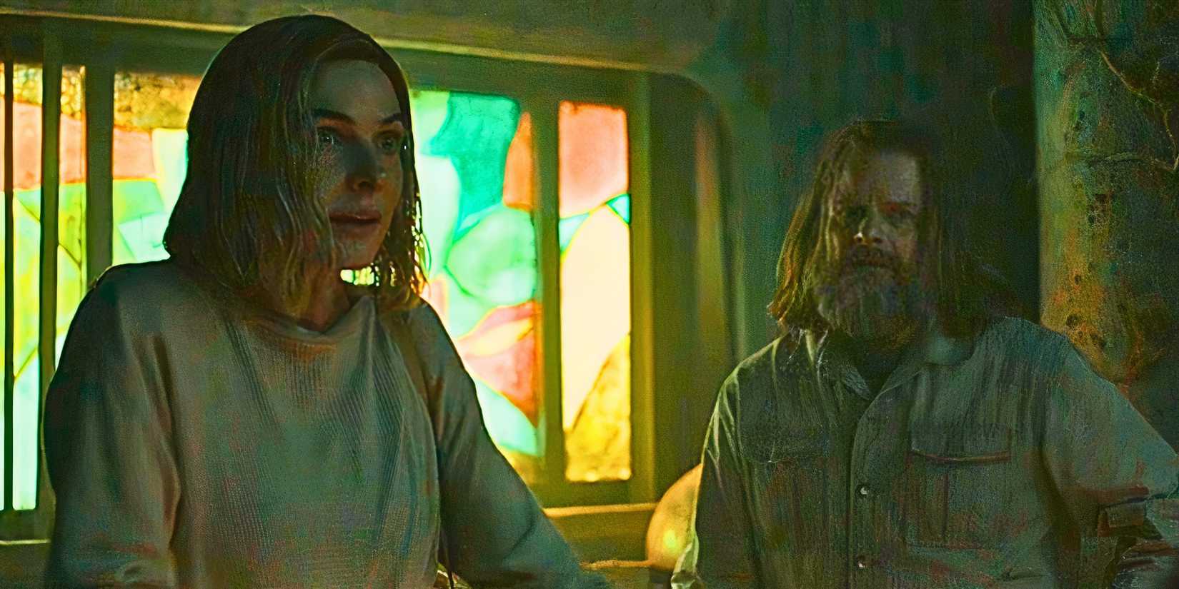 Rebecca Ferguson looking surprised as Juliette Nichols while Steve Zahn looks confused as Jimmy in Silo