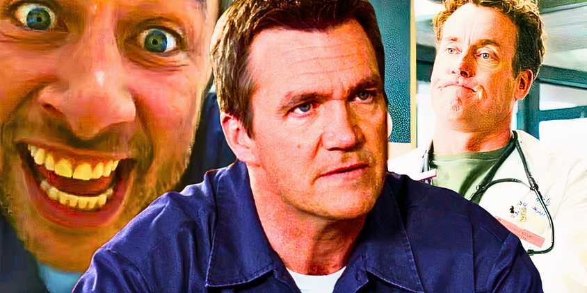 Custom Scrubs image of Zach Braff laughing as JD, Neil Flynn looking annoyed as the Janitor, and John C. McGinley grimacing as Dr. Cox