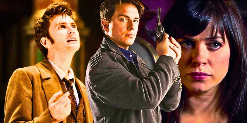Custom Doctor Who image of David Tennant as the Tenth Doctor, John Barrowman as Captain Jack Harkness, and Eve Myles as Gwen Cooper in Torchwood