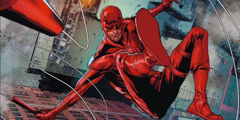 Comic book art: Daredevil swings through the streets.