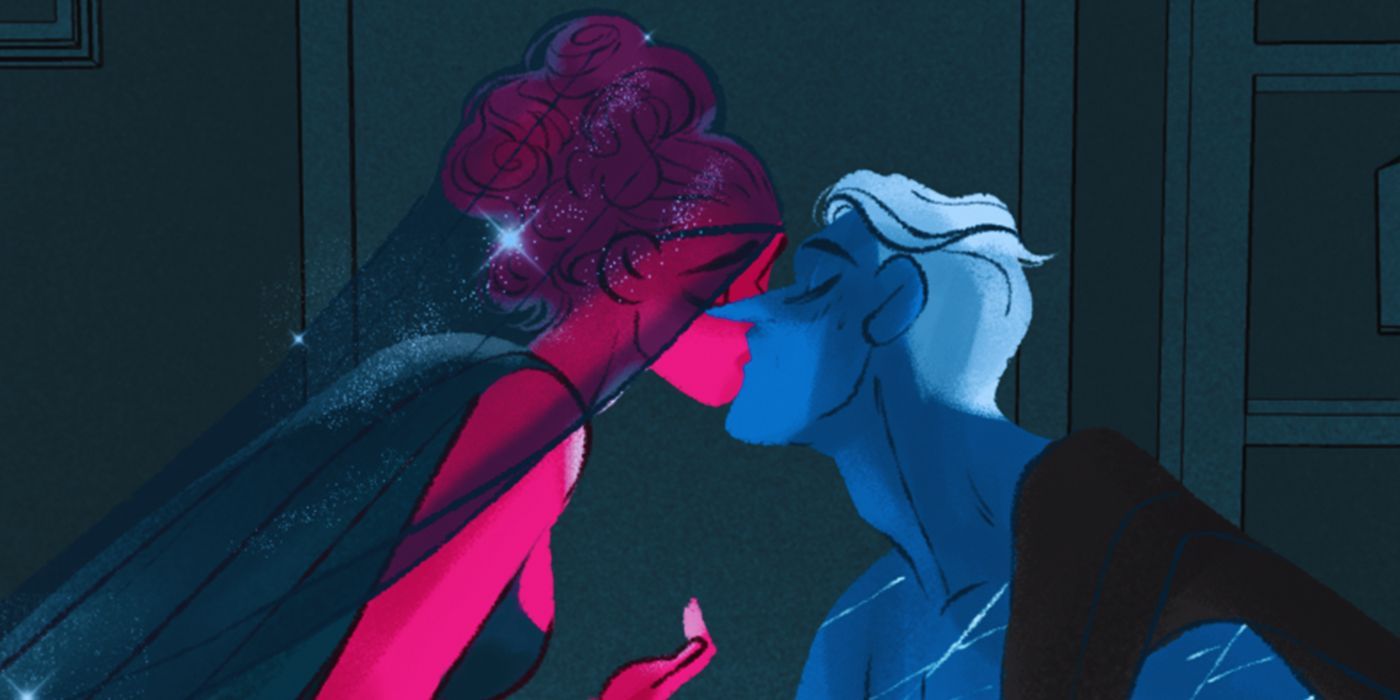 Comic book art: Persephone and Hades kiss in Rachel Smythe's comic Lore Olympus