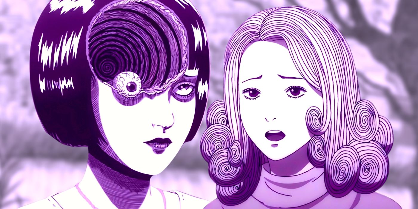 Azami from Uzumaki episode 1 and Kirie from episode 2. Behind them, the town of Kurozu-cho can be seen.