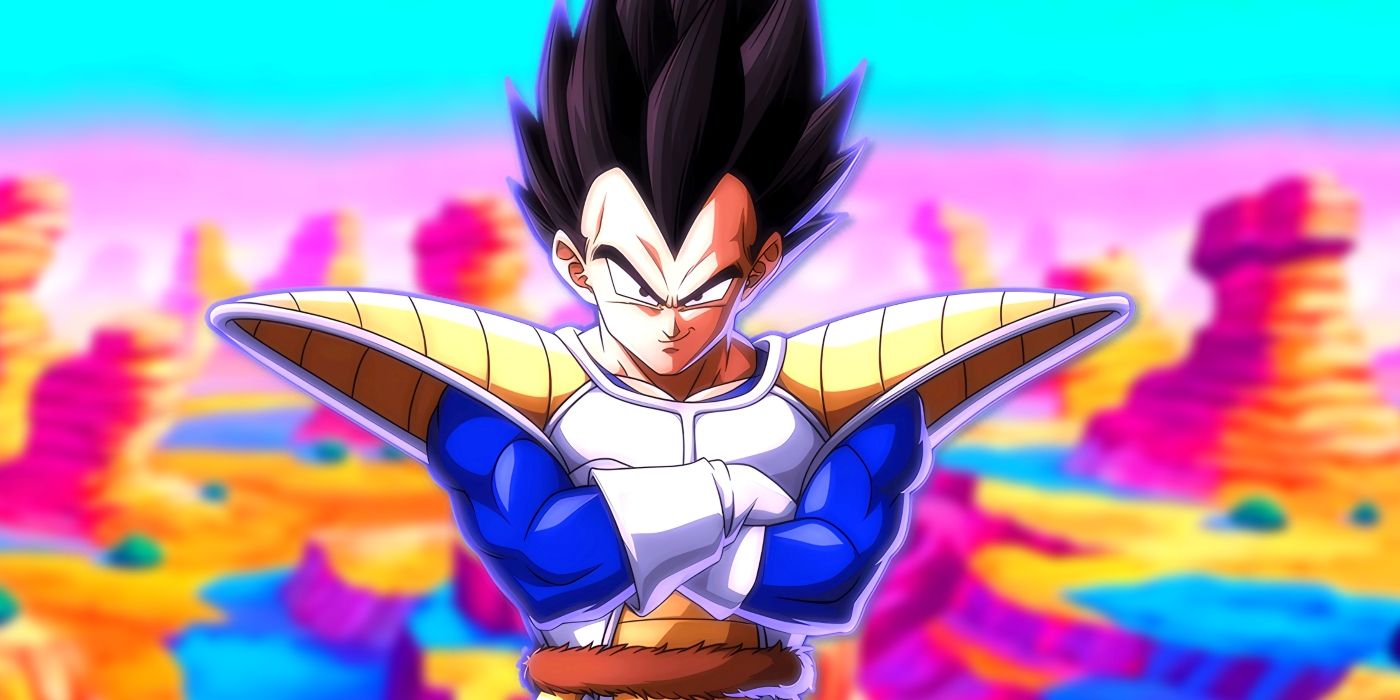Vegeta as he looked back in the Saiyan Saga. Behind him, the wasteland he fought Goku in can be seen.