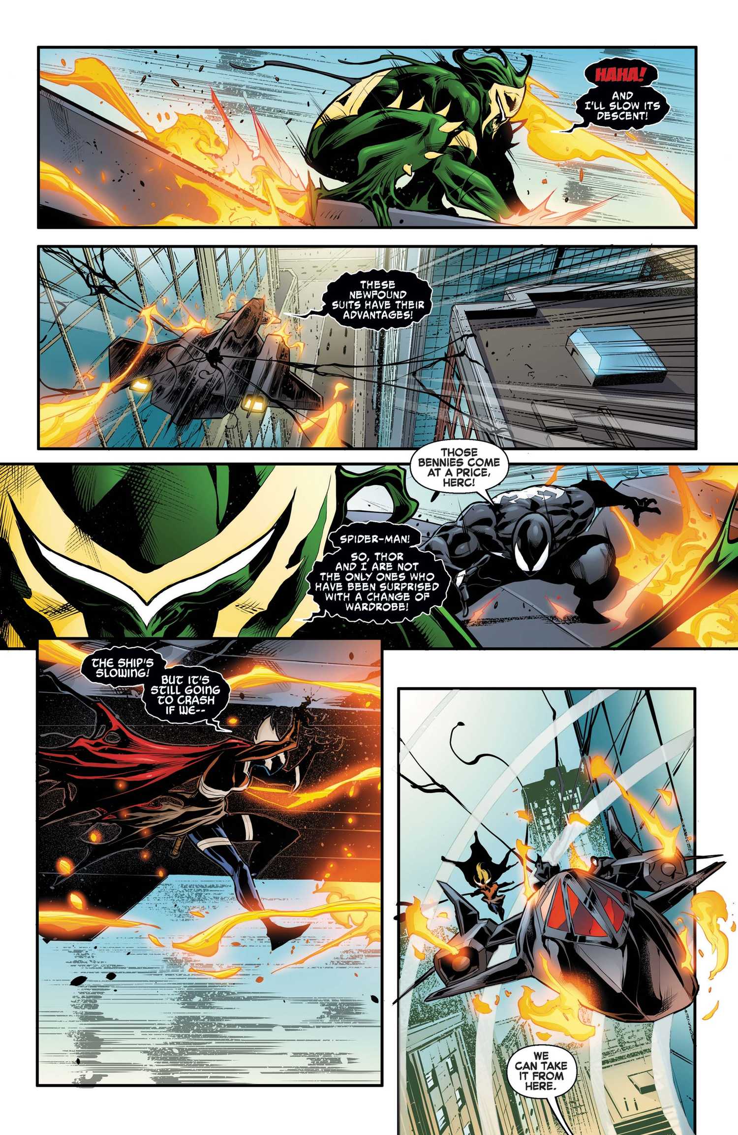 Comic book page: Vemonized Hercules rides atop a plane to try and slow it down in Venomized #1