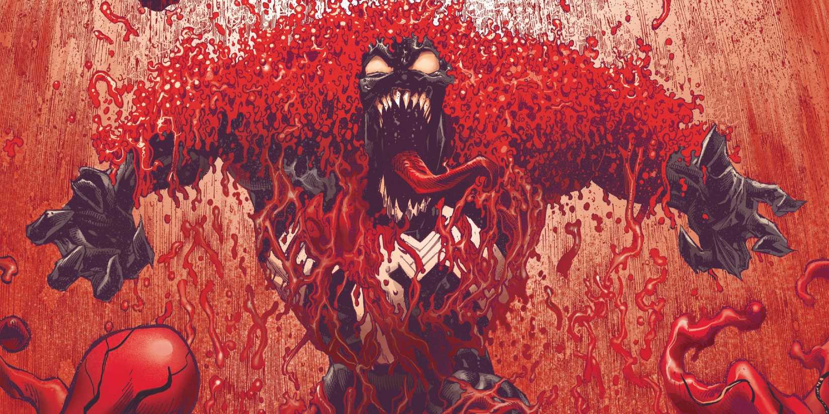 Venom III covered in raining blood and red symbiote goop.