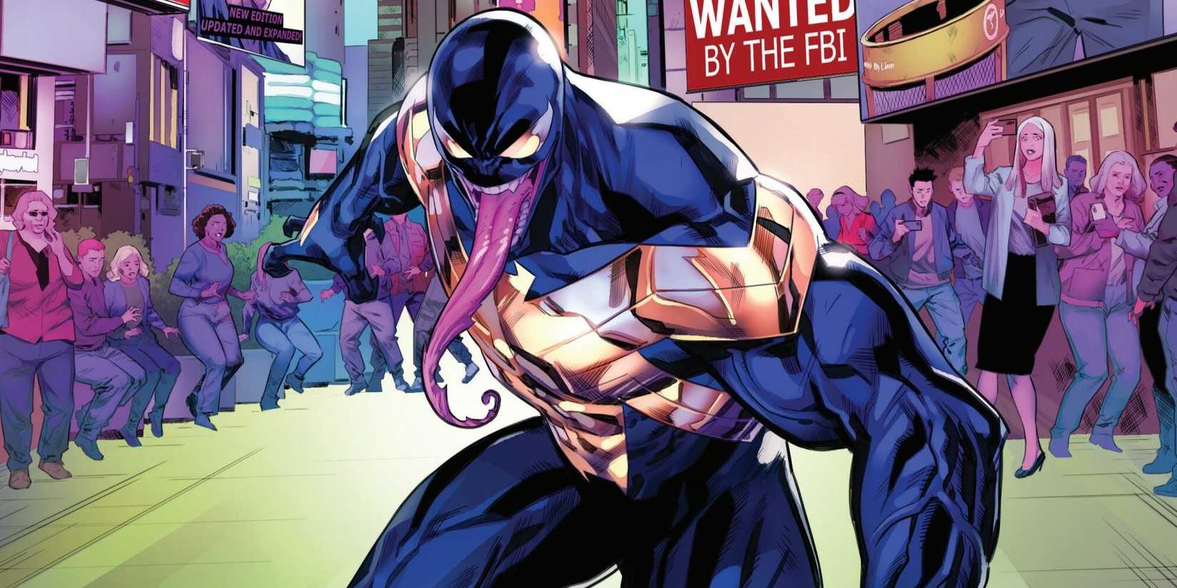 Comic book art: Venom is surrounded by people in Times Square