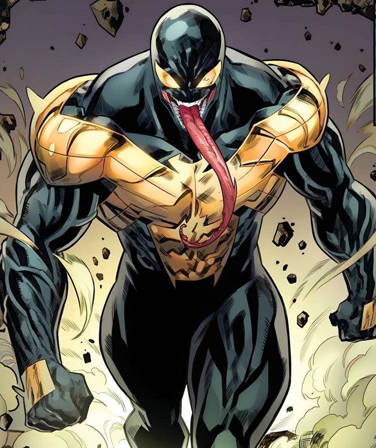Comic book art: Venom walks into battle with its tongue drooping out.
