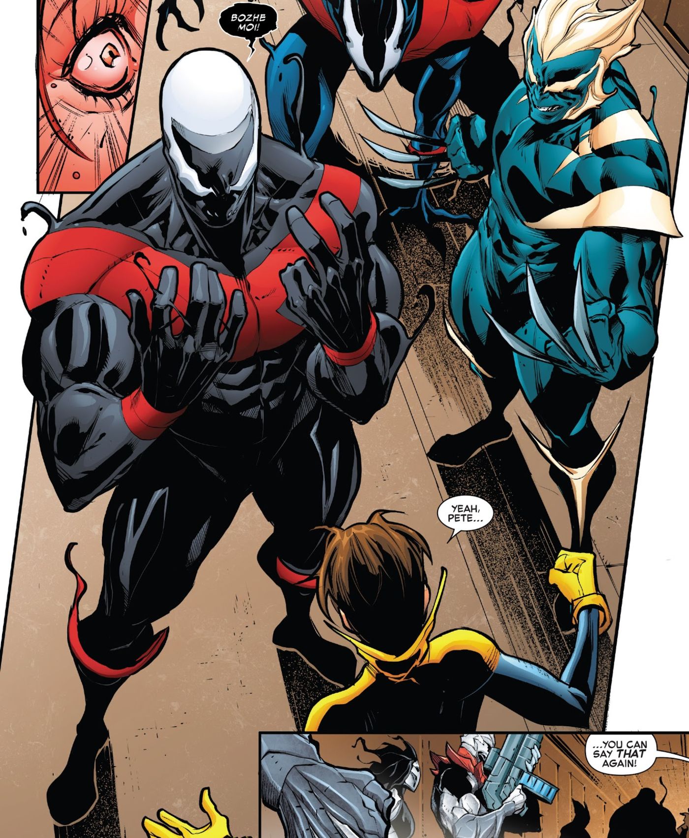 Kitty Pryde olha para Venomized Colossus, Wolverine e Nightcrawler. 