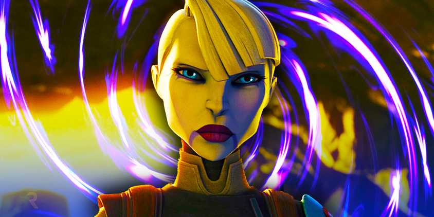 Asajj Ventress in Star Wars: The Bad Batch with purple swirls in the background