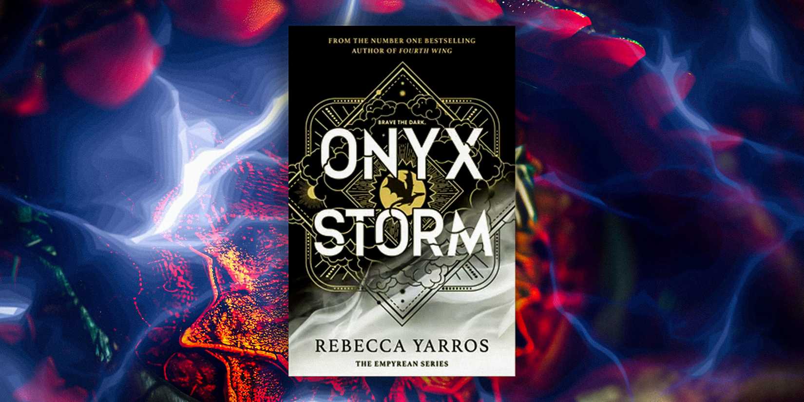 The cover of Onyx Storm by Rebecca Yarros against a background with blue lightning and pink and orange