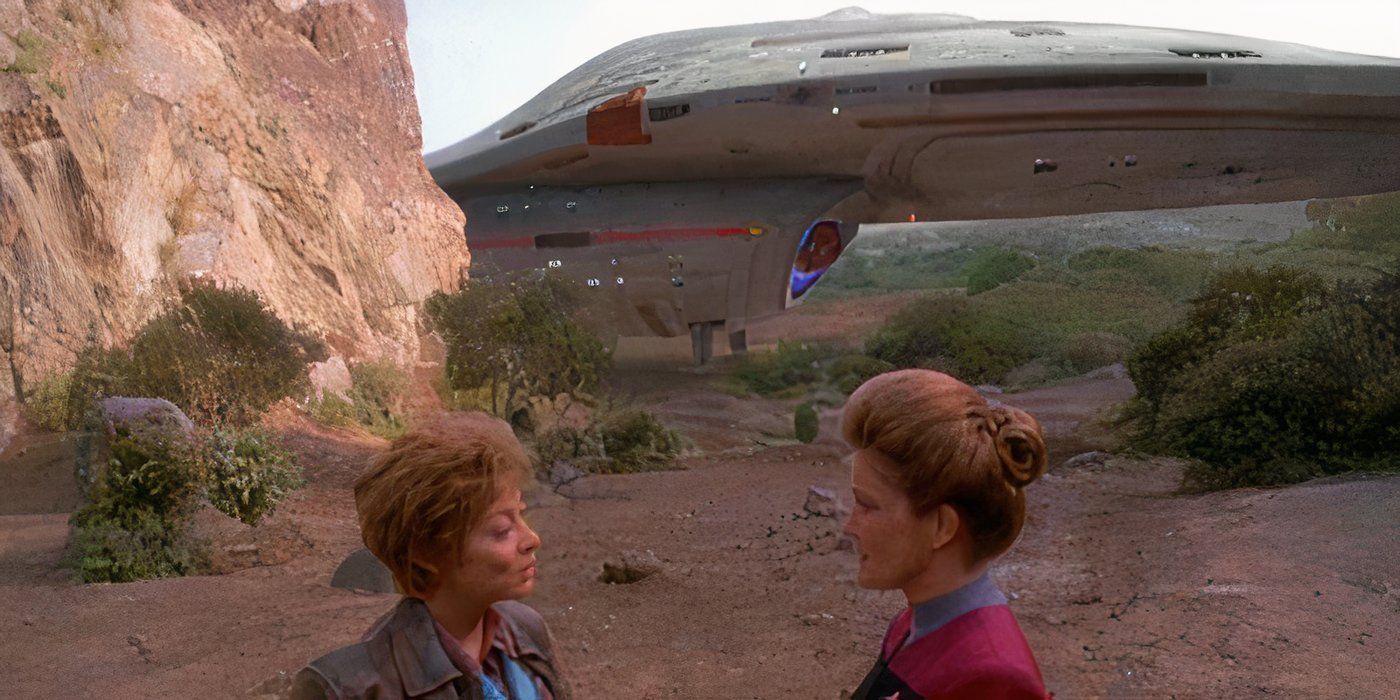 Le capitaine Janeway (Kate Mulgrew) parle à un homme devant le vaisseau spatial Voyager qui a atterri.