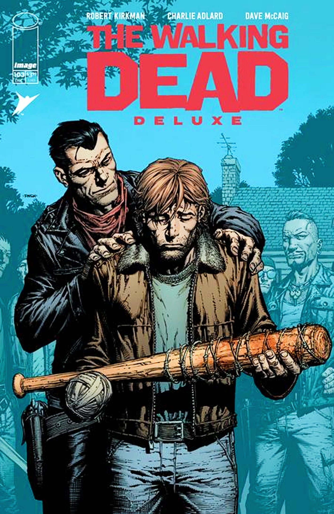 En la portada principal de Walking Dead Deluxe #103, Negan se cierne sobre el hombro de Rick, obligándolo a sostener a Lucille.