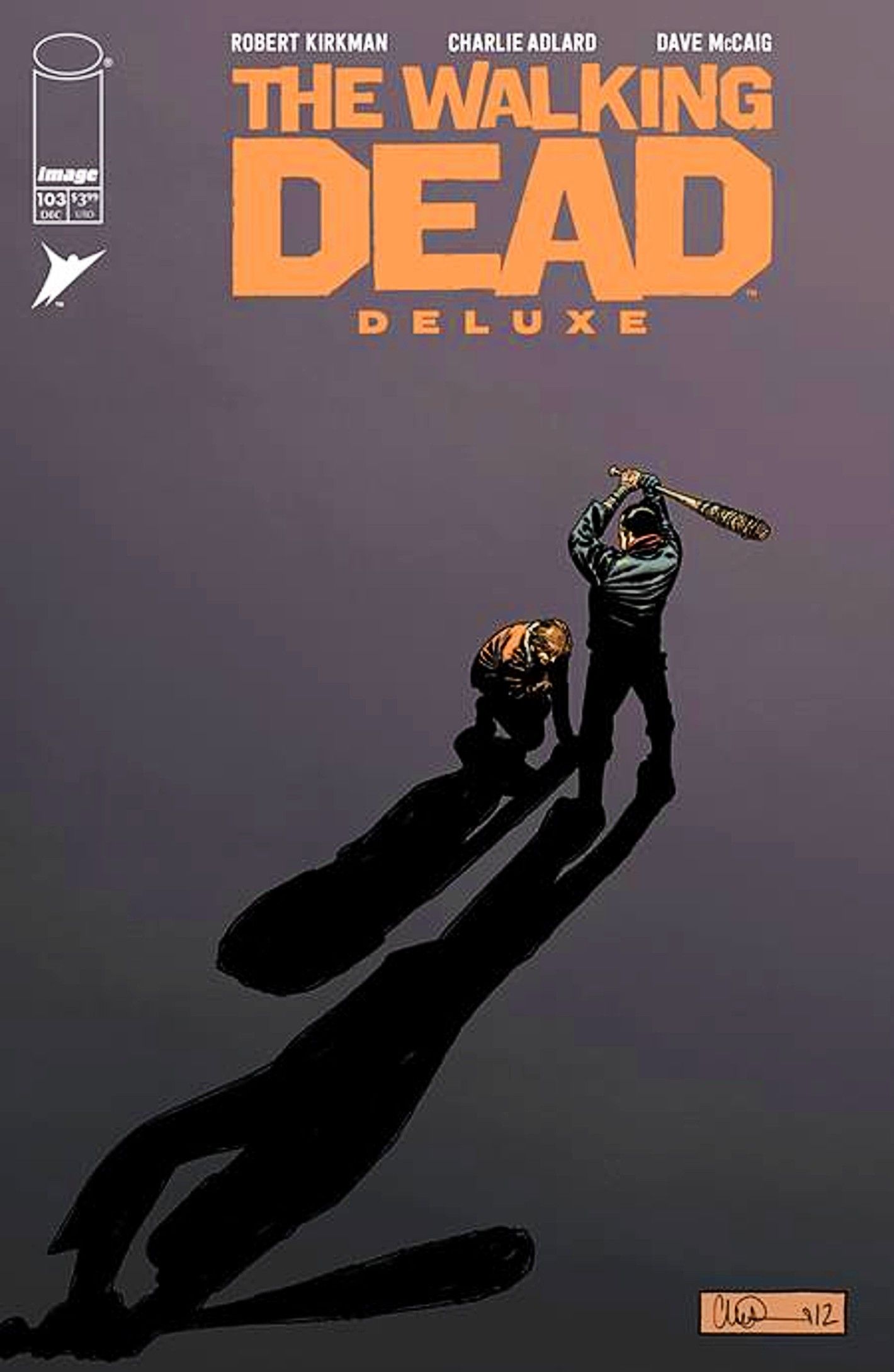 Portada variante de Walking Dead Deluxe #103: Negan se prepara para arrojar a Lucille sobre la cabeza de Rick.