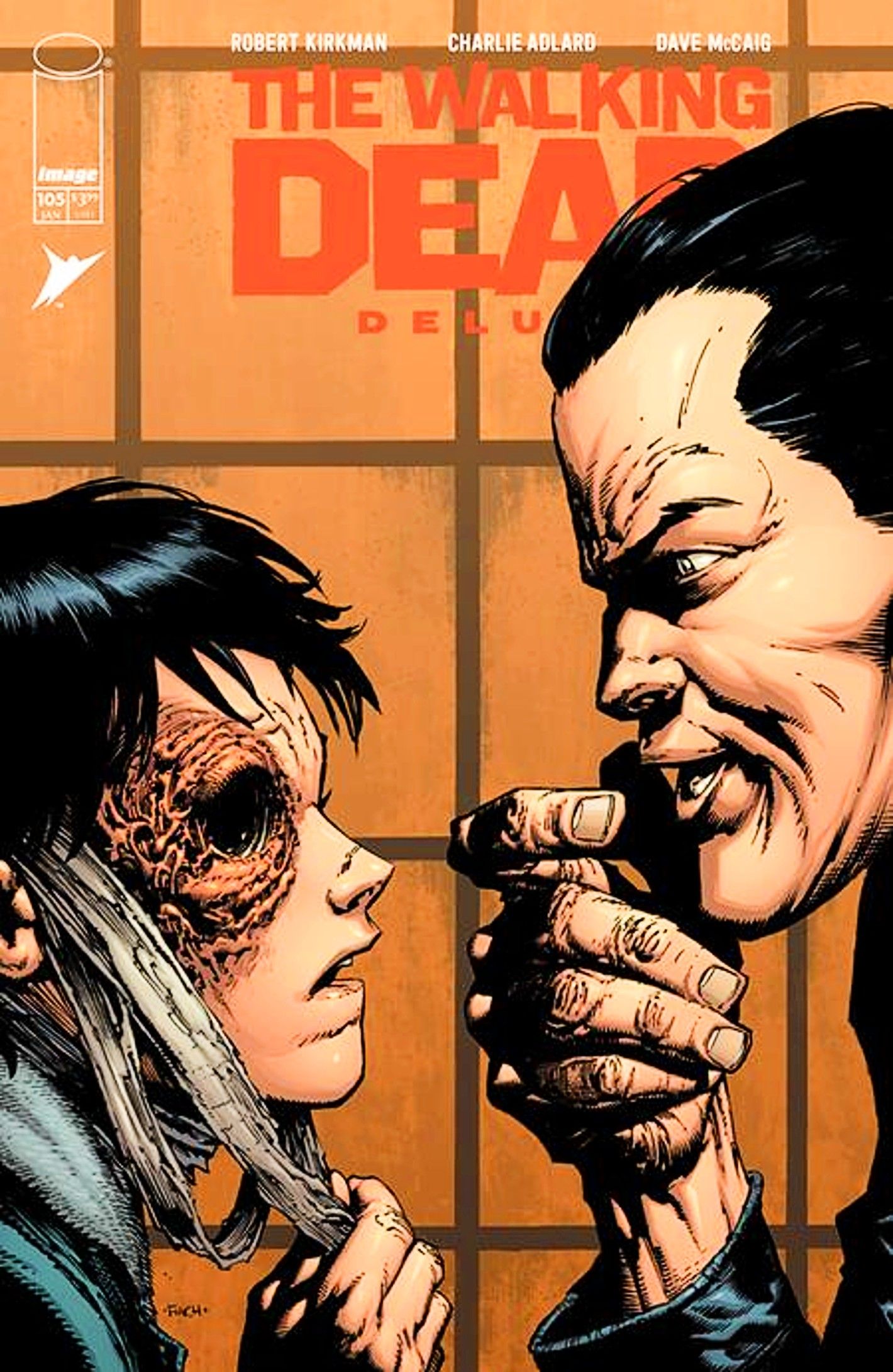 Capa principal de Walking Dead Deluxe #105, Carl com o ferimento no olho sem curativo, cara a cara com Negan