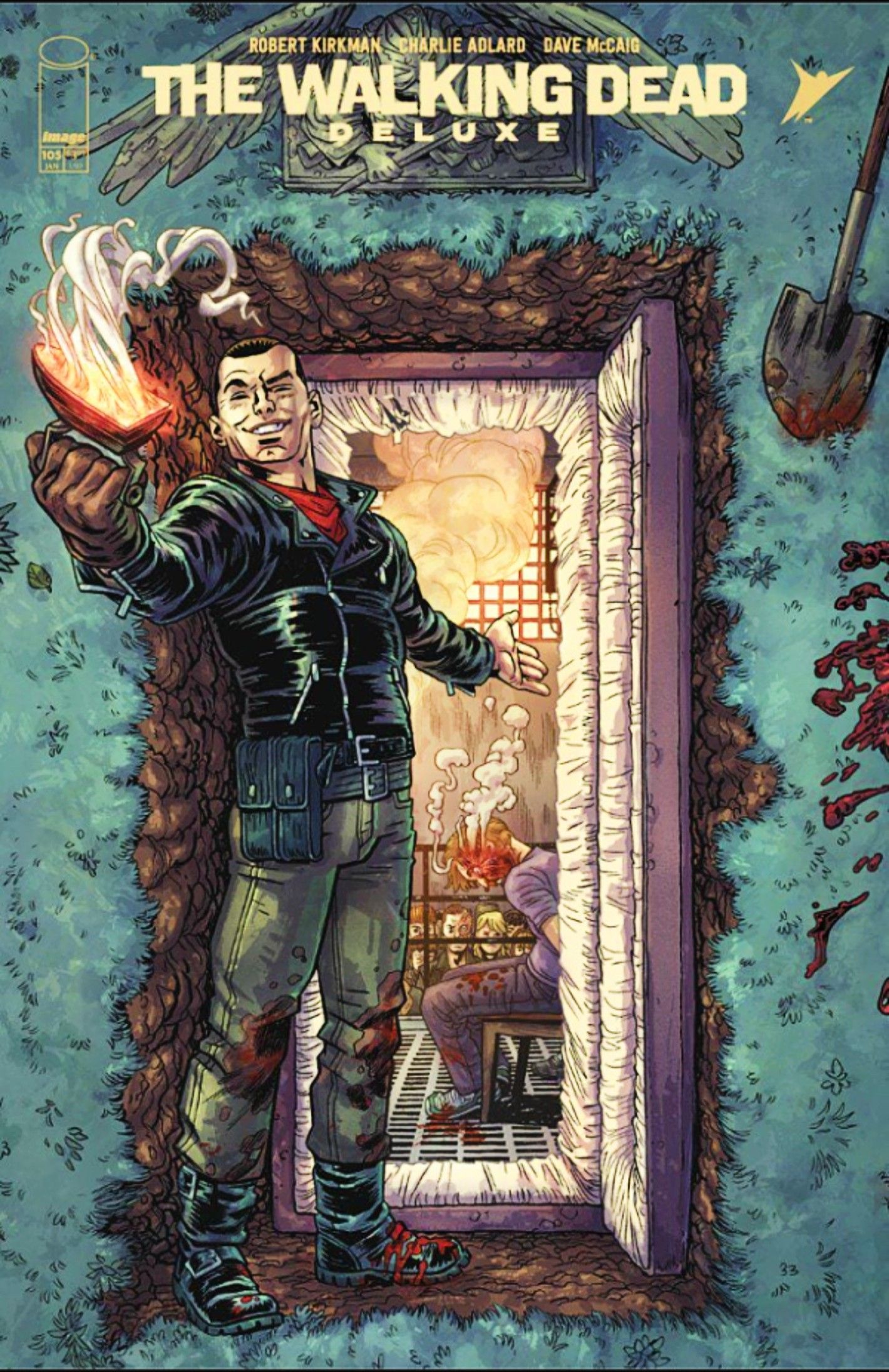 Capa variante de Walking Dead Deluxe # 105, Negan acenando para o leitor entrar em uma sala onde ele está torturando um homem