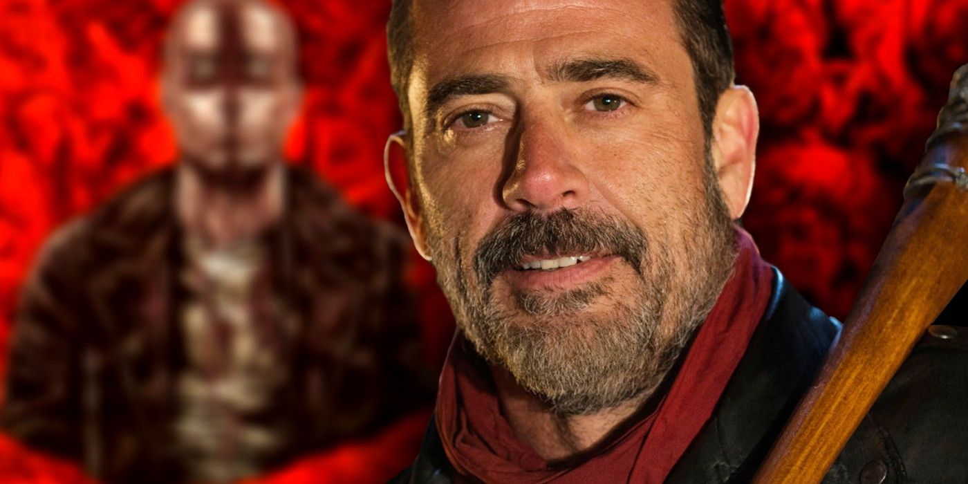 walking dead's negan with blurred crossed imagery behind