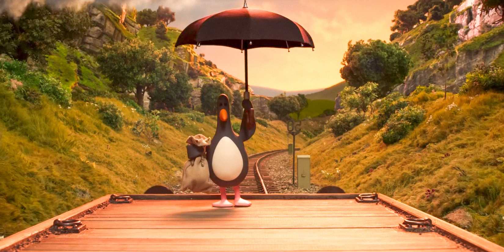 Feathers McGraw lands with the help of an umbrella in Wallace & Gromit: Vengeance Most Fowl