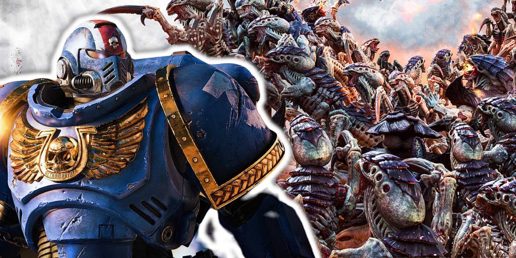 Warhammer 40k space marine 2 looking to the right near alien bodies.