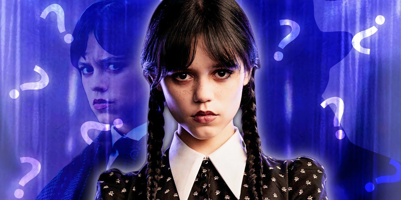 Jenna Ortega as Wednesday in front of a purple background covered in question marks