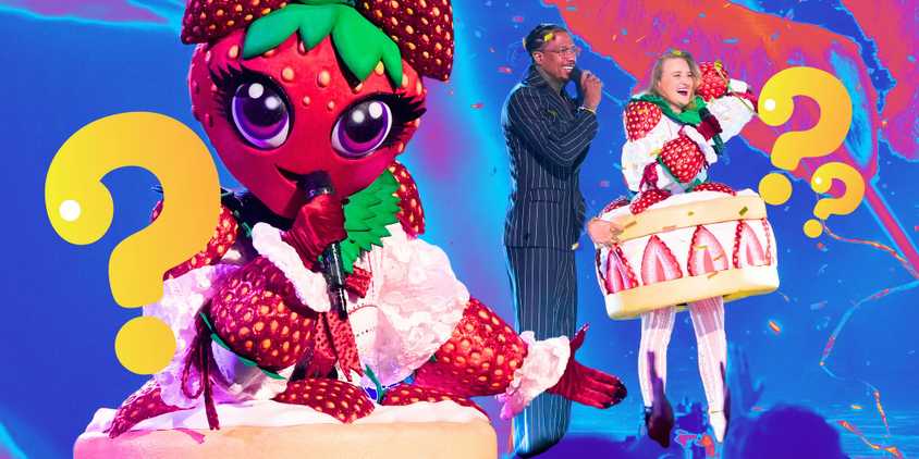 image of AJ Michalka as herself and as Strawberry Shortcake with Nick Cannon on the masked singer