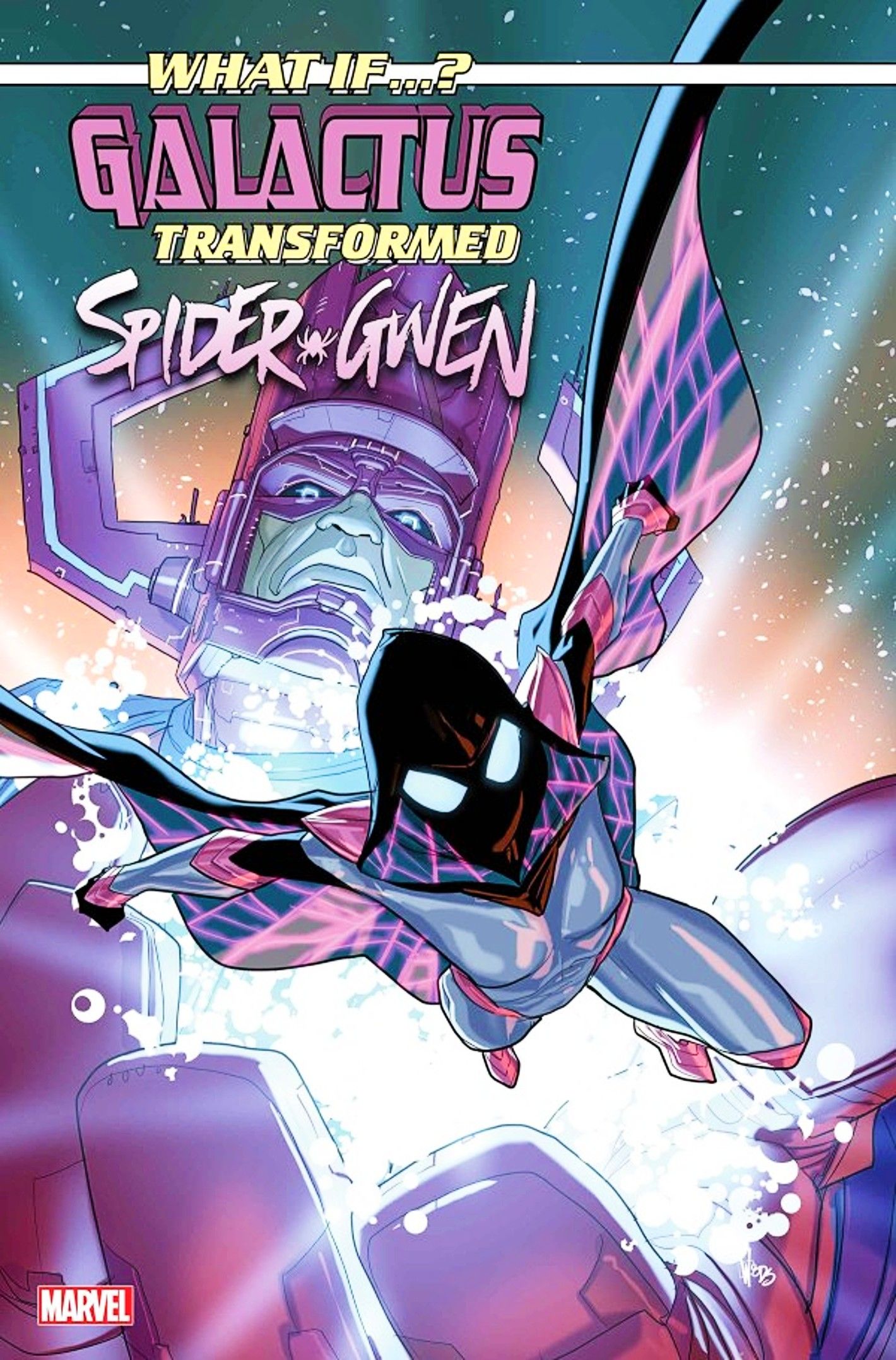 What If variant cover, Spider-Gwen soaring through space in front of Galactus