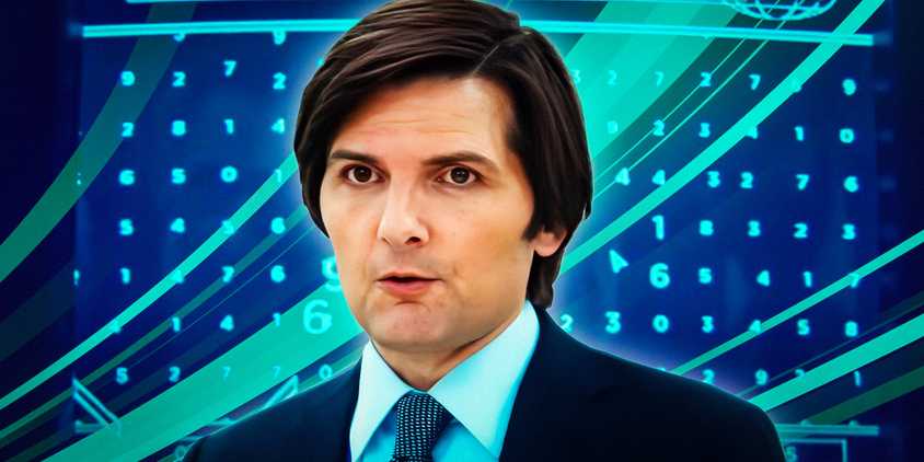 Adam Scott as Mark with the Macrodata Refinement numbers on a screen behind him in Severance