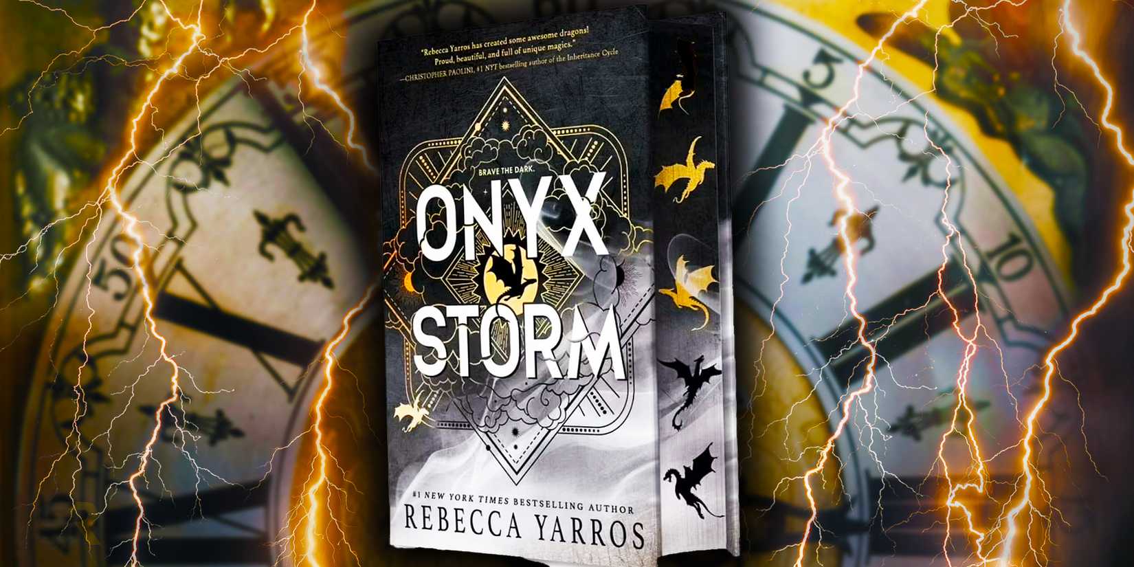 Onyx Storm by Rebecca Yarros in front of a clock with lightning strikes