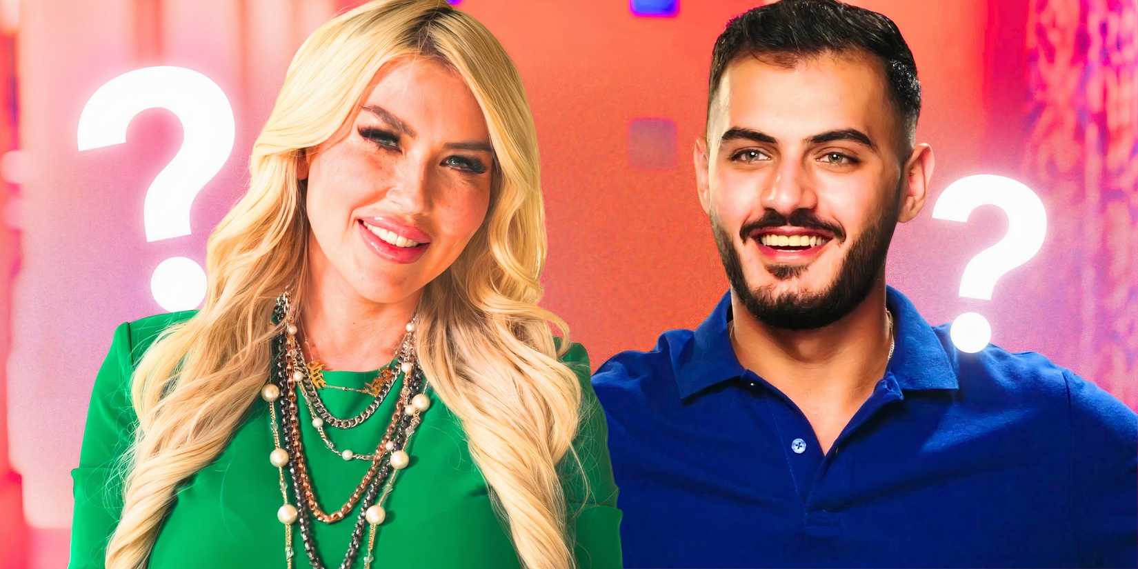 90 Day Fiancé Tigerlily Taylor in green smiling and Adnan Abdelfattah in blue happy.